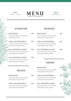 a green and white menu for a restaurant with leaves on the bottom, in front of it