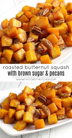 roasted butternut squash with brown sugar and pecans on a white serving platter