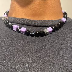 Black And Lavender Dice Beaded Choker. Made With Obsidian Crystal Beads. Steel Dice Beads Added For Flair. All Pieces Are Handmade! Purple Beaded Necklaces With Large Round Beads, Casual Black Gemstone Beads, Purple Beaded Chain Bracelets For Festival, Purple Beaded Necklace With Round Black Beads, Purple Festival Jewelry With Black Beads, Purple Jewelry With Black Beads For Festival, Casual Purple Jewelry For Festival, Adjustable Purple Beaded Necklaces With Large Beads, Purple Beaded Necklaces For Festival