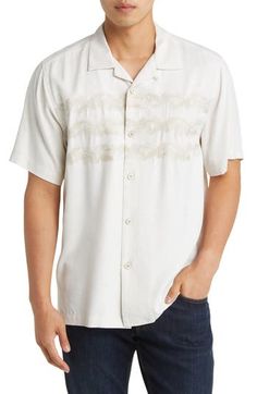 Elegant palm-frond embroidery against the white silk background of this easy-fitting camp shirt is the perfect answer to an "island formal" situation. Convertible collar Short sleeves 100% silk Dry clean or machine wash, line dry Imported Beach Embroidered Shirt With Camp Collar, Beach Embroidered Collared Shirt, Embroidered Camp Collar Top For Beach, Embroidered Camp Shirt With Relaxed Fit For Vacation, Floral Embroidered Collared Shirt For Vacation, Embroidered Camp Collar Shirt For Vacation, Embroidered Camp Shirt With Camp Collar For Vacation, Embroidered Vacation Shirt With Collar, Embroidered Collared Shirt For Vacation