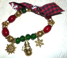 Green Bracelet, Christmas Bead, Ribbon Bows, Bead Charms, Red Green, 4 Inch, Bracelet, Green, Christmas