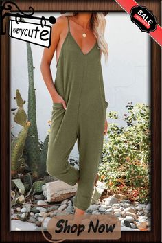 Green Textured Sleeveless V-neck Pocketed Casual Jumpsuit Casual Jumpsuit, Jumpsuit Romper, Jumpsuit, Rompers, V Neck, Green