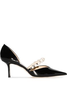 Aurelie 65mm pumps from JIMMY CHOO featuring black, patent leather, faux-pearl embellishment, high-shine finish, pointed toe, slip-on style, branded leather insole, mid heel and leather sole. | Jimmy Choo Aurelie 65mm pumps Jimmy Choo Aurelie, Kitten Heel Pumps, Patent Leather Pumps, Court Shoes, Heel Pumps, Mid Heel, Black Pumps, Leather Pumps, Online Shopping Clothes