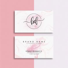 two business cards with the letter bd on them in pink and white marble pattern