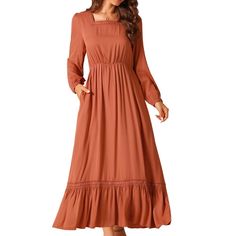 This dress features a square neck, long sleeves, tiered design, crochet insert detail, and two pockets, making it a versatile addition to your wardrobe. The casual A-line maxi dress is made from 100% Rayon, ensuring a soft and comfortable feel all day long. Whether you're attending a wedding, a beach party, or a casual family gathering, this dress is ideal for various occasions. Pair it with high heels, a handbag, or other accessories to create trendy looks. The elegant ruffled design and hollow Dress With Gathered Waist, Casual Summer Dresses With Sleeves, Long Sleeve Linen Dress, Maxi Dress Winter, Maxi Dress With Pockets, Design Crochet, A Line Maxi Dress, Midi Slip Dress, Mini Slip Dress