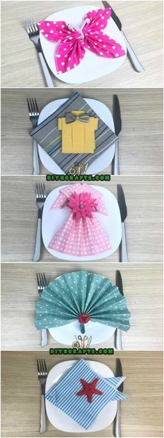 four plates with different designs on them and one has a pink bow at the top