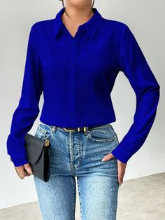 Solid Color Button-Front Long Sleeve Casual Shirt Royal Blue Casual  Long Sleeve Fabric Plain Shirt Non-Stretch  Women Clothing, size features are:Bust: ,Length: ,Sleeve Length: Fall Styles, Navy Blue Shirts, Casual Shirt Women, Plain Shirt, Plain Shirts, Inspiration Mode, Kids Beachwear, Casual Shirt, Blue Shirt