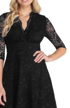 Ornate lace and semisheer sleeves create a gorgeous silhouette for this V-neck dress. 92% nylon, 8% spandex Dry clean Made in the USA Feminine V-neck Lace Evening Dress, Elegant V-neck Lace Dress For Night Out, Fitted V-neck Lace Dress For Party, Sheer V-neck Lace Dress For Evening, Chic V-neck Lace Dress For Evening, Elegant Sheer V-neck Lace Dress, Elegant Fitted Lace Dress With V-neck, Elegant Fitted V-neck Lace Dress, Elegant Lace V-neck Dress For Parties