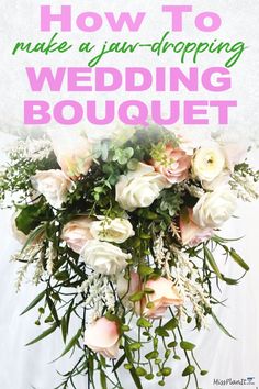 the words how to make a fair - dropping wedding bouquet are in pink and white