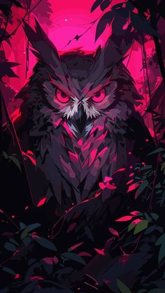 an owl is sitting in the middle of some plants and trees with red light coming from its eyes