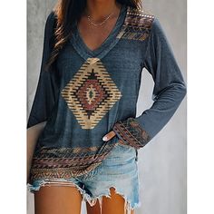 Ethnic Print, Loose Fitting Tops, Loose Blouse, Fashion Colours, V Neck Tops, Western Fashion, Long Sleeve T Shirt, Shirt Blouses, Long Sleeve Tshirt