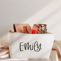 a white bag with personalized items in it