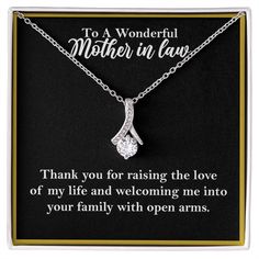 What Do You Get the Woman Who Raised the Love of Your Life? Surprise Her with this unique Alluring Beauty Necklace🌹. Not only is this necklace is stunning, it comes with a beautiful message card that reads: "To A Wonderful Mother In Law - Thank you for raising the love of my life and welcoming me into your family with open arms." 💗【PERFECT GIFT FOR MOTHER-IN-LAW】Give your mom-in-law a unique gift that is symbol of your love and appreciation for her and a gift that she'll treasure forever. CRAF Mother In Law Necklace Gift, Necklace For Mother In Law, Mom In Law, Allure Beauty, Open Arms, Mother In Law, Luxury Boxes, Love Your Life, Message Card