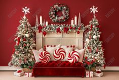 a living room decorated for christmas with red and white decorations