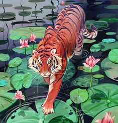 a painting of a tiger walking across lily pads