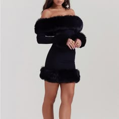 Houseofcb Brand New With Tags Off The Shoulder Neckline Adorned With Luxurious Faux Fur, Long Sleeves And A Flattering Mini Cut Length Approx 68 Cm Off-shoulder Bodycon Dress For Winter Evenings, Winter Off-shoulder Mini Dress For Night Out, Black Off-shoulder Mini Dress For Winter, Black Off-shoulder Winter Dress, Off-shoulder Black Dress For Winter, Winter Off-shoulder Cocktail Dress, Winter Cocktail Off-shoulder Dress, Winter Evening Mini Dress, Winter Formal Off-shoulder Mini Dress