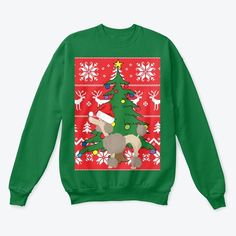 a green christmas sweater with an image of a german shepherd dog on it's back