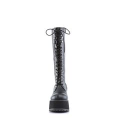 3 3/4" Block Heel Goth Punk Platform Knee Boot with Side Zipper - Fit Guide: True to Size - Heel Height: 3 3/4" Heel - Brand: Demonia - Unisex (Sizes are shown in Men's), Women order up 2 Sizes - Country of Origin: Imported Platform Shoes Boots, 1920s Shoes, Alternative Shoes, Demonia Shoes, Festival Shoes, Leather Knee Boots, Punk Boots, Vegan Boots, Gogo Boots