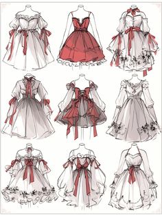 several different dresses with bows on the neck and sleeves, all in white and red