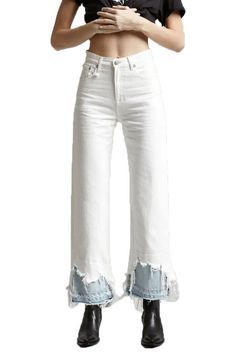 Distressed White Jeans For Fall, White Distressed Jeans For Fall, White Denim Jeans For Spring, White Distressed Straight Leg Bottoms, White High-rise Flare Jeans With Frayed Hem, Summer Cropped Jeans With Frayed Hem In Rigid Denim, White High Rise Flare Jeans With Frayed Hem, White Mid-rise Pants With Frayed Hem, White Denim Jeans For Summer