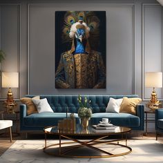 a living room filled with furniture and a peacock painting on the wall over a blue couch