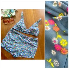 Cutest vintage bikini from the 1960s! This suit is in great condition and is fully lined on top and bottom. The top is adjustable with two sets of buttons on each strap and the bottom has a functional belt around the waist. The suit is made of a stretchy blue floral nylon fabric and lined in a silky nylon fiber as well. It best fits a small or extra small but please check measurements to be sure.  Flat Measurements: A cup 30-31" around bust 17-19" waist 13" rise 19-21" hips Please feel free to r Retro Fitted Swimwear For Sunbathing, Retro Fitted Swimwear For Vacation, Retro Underwire Swimwear For Poolside, Retro Print Swimwear For Poolside, Retro Swimwear With Retro Print For Poolside, Retro Underwire Swimwear For Vacation, Fitted Retro Swimwear For Pool, Fitted Retro Print Beachwear Swimwear, Vintage Triangle Top Swimwear For Beach