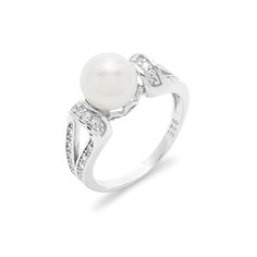 Freshwater Pearl is the featuring of this vintage style ring. White CZ's surround the center pearl on this sterling silver ring. Luxury Sterling Silver Pearl Drop Ring, Classic White Pearl Ring With Diamond Accents, Classic Pearl Promise Ring With Center Stone, Classic White Gold Pearl Drop Ring, Classic White Gold Pearl Ring With Pearl Drop, Classic Pearl White Ring For Promise, Classic Pearl White Rings With Pearl Drop, Classic White Gold Rings With Pearl Drop, Silver Rings With Diamond Accents And Pearl