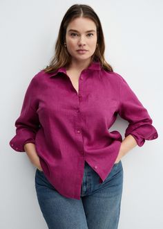 Linen 100% shirt - Woman | MANGO USA Relaxed Fit Shirt With Spread Collar And Button Closure, Relaxed Fit Shirt With Button Closure And Collared Neckline, Relaxed Fit Shirt With Button Closure, Collared Shirt With Back Button Closure And Relaxed Fit, Collared Tops With Buttoned Pockets For Business Casual, Business Casual Tops With Buttoned Pockets And Spread Collar, Business Casual Tops With Button Closure And Spread Collar, Shirt With Buttoned Pockets And Lapel Collar, Casual Shirt With Spread Collar And Back Button Closure