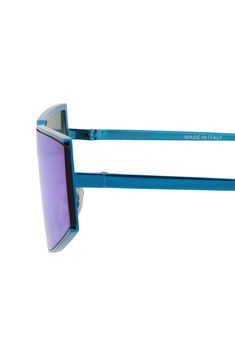 An angular silhouette boldly defines Italian-crafted novelty fitted with protective, light blue lenses. 99mm lens width; 1mm bridge width; 145mm temple length 100% UV protection Metal Made in Italy Trendy Blue Aviator Sunglasses With Anti-reflective Coating, Blue Rimless Polarized Sunglasses, Modern Shield Sunglasses With Mirrored Square Frame, Blue Anti-reflective Shield Sunglasses In Polycarbonate, Blue Anti-reflective Aviator Sunglasses For Summer, Blue Polycarbonate Shield Sunglasses With Anti-reflective Coating, Blue Polycarbonate Shield Sunglasses For Summer, Blue Rimless Anti-reflective Sunglasses, Blue Mirrored Lenses Square Frame Sunglasses