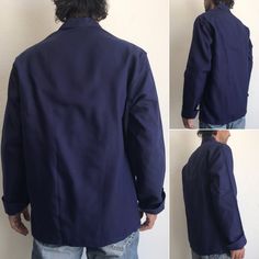 "French vintage work jacket SAPIVOG Made in France 1970s French worker jacket in dark indigo blue. Classic cut 3 outside pockets, 1 inside Button with 4 buttons. All buttons are in Bakelite. Shirt Collar . Button cuffs. Deadstock item In new condition (never washed) Original cardboard label present Sanfor Fabric 100% Cotton Size 50 Model wears usually size M and measures 175cm /68,8\". Please take into account that this jacket is slightly too big for him . Measures (flat): Shoulders: 50cm - 19,6 Navy Cotton Sport Coat With Welt Pockets, Navy Peacoat With Pockets For Work, Indigo Utility Workwear Outerwear, Indigo Utility Outerwear For Work, Navy Cotton Sport Coat For Work, Navy Cotton Long Sleeve Utility Jacket, Navy Cotton Sport Coat With Pockets, Navy Long Sleeve Cotton Utility Jacket, Navy Casual Cotton Blazer