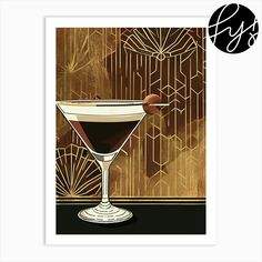 an art deco poster with a martini glass and garnish on the rim, in front of a golden background