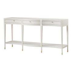 a white console table with two drawers