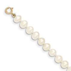 14k yellow gold 5-6mm white near round freshwater cultured pearl bracelet with spring ring clasp. Classic Jewelry With Extender, Classic White Jewelry With Extender, Cultured Pearl Bracelet, Pearl Chain Necklace, Gold Pendant Jewelry, Cultured Pearl Necklace, Egg White, White Necklace, Pearl Types