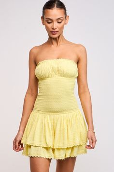 Yellow Boho Dress Strapless Smocked Back Tube Top For Summer, Strapless Tube Top With Smocked Back For Summer, Beach Strapless Mini Dress With Smocked Bodice, Summer Strapless Tube Top With Smocked Back, Strapless Summer Tube Top With Smocked Back, Summer Bandeau Tube Top With Smocked Back, Strapless Beach Tube Top With Smocked Back, Strapless Tube Top With Smocked Back For Beach, Vacation Strapless Mini Dress With Smocked Bodice