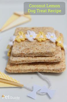 a close up of food on a plate with utensils in the background and text overlay that reads coconut lemon dog treat recipe