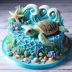 there is a cake decorated with sea life