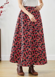 Modern Red Floral Print Exra Large Hem Cotton Skirts FallFabric: Cotton BlendedSize & Fit: This garment fits true to size.Length: Size L measures 35.1"from waist to hem.Waist:Fitted - elastic waist allows stretch Hip: Loosely Fitted. room for hips. Hand Wash Cold. Casual Red Long Skirt, Red Maxi Skirt With Elastic Waistband, Red Skirt With Elastic Waistband For Spring, Spring Floral Print Ankle-length Bottoms, Ankle-length Floral Print Spring Bottoms, Floral Print Ankle-length Spring Bottoms, Ankle-length Floral Print Bottoms For Spring, Red Skirt With Elastic Waistband, Red Pleated A-line Maxi Skirt