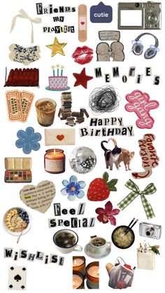 a collage of different items and words on a white background with the words happy birthday