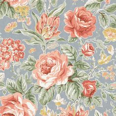 a floral wallpaper with pink and orange flowers on a blue background is featured in this image