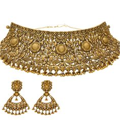 The engraved details used along this 22k Indian gold choker necklace and earring set adds an alluring look of rich texture. This stunning gold jewelry set is perfect for special events and occasions that call for the addition of antique Indian jewelry and cultural sophistication. Features • 22k yellow gold • Beading • Engraved details As a leading gold Indian jewelry store in the USA, we are proud to offer a wide selection of beautiful Indian gold jewelry, including this stunning 22k gold antiqu Antique 22k Gold Engraved Jewelry, Antique Engraved 22k Gold Jewelry, Antique Yellow Gold Jewelry With Meenakari, Antique 22k Gold Chandbali Jewelry, Heavy Gold Kundan Necklace For Formal Occasions, Ceremonial Temple Jewelry Choker With Intricate Design, Formal 22k Gold Meenakari Temple Necklace, Intricate Design Choker For Receptions And Festivals, Formal Heavy Yellow Gold Kundan Necklace