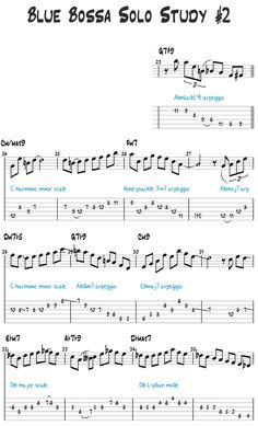 blue bossa solo study sheet for guitar with notes and tabs on the left side