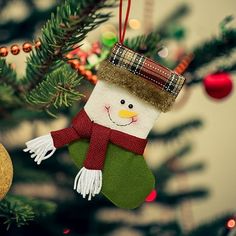 a snowman ornament hanging from a christmas tree