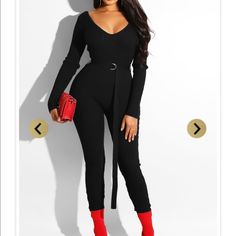 Sexy, Ribbed, Black Jumpsuit With Belt. Double V Neck. Good Quality Material, Fits Like A Glove! Black High Waist Jumpsuit For Club, Trendy Bodysuit For Date Night, Black Overalls For Date Night, Black High Waist Jumpsuits And Rompers For Fall, Black High-waist Jumpsuits And Rompers For Fall, Trendy High-waist Bodysuit For Night Out, Black Jumpsuits And Rompers For Fall Night Out, Black Jumpsuits For Night Out In Fall, Chic High Waist Bodysuit For Going Out