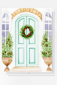 a watercolor painting of a green door with wreath and potted plants