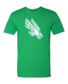 From the heartland to the coasts, wear your Mean Green on your sleeve with your new favorite North Texas t-shirt from us at Nudge Printing! Every shirt is printed by hand with eco-friendly inks on ethically and sustainably sourced garments and then inspected and packaged individually so you know you're getting the best every time. Our shirts are 60% cotton, 40% polyester, so it feels better, breathes easier, and will last longer than your average 100% cotton t-shirt. It is also preshrunk to support true unisex sizing so it is perfect for UNT fan in your family! Go Mean Green! --> LEGIT: Officially licensed with University of North Texas in Denton, Texas. --> ARTISAN: Every shirt is printed and packaged by hand in our Mid-Michigan shop. --> COMFORT: This t-shirt is 60% cotton, 40% polyester Green Short Sleeve Top With Team Logo, Casual Green T-shirt For Fan Gear, Green Graphic Tee With Team Name, Diving Eagle, Michigan Hoodie, Loyola University Chicago, Denton Texas, University Of North Texas, Mean Green