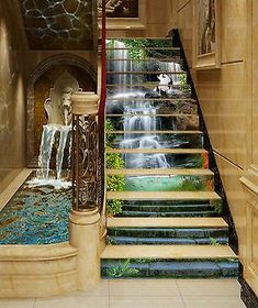 the stairs are painted with water and plants