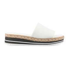 Show off your stems in this breezy slide. The Rosey sandal by Journee Collection is topped with soft fabric uppers and a braided espadrille detail for a textured look. A striped sporty wedge heel lined with our signature 4 mm tru comfort foam footbed grounds the look. This retro slide is sure to become a go-to for summer. Also available in wide width.Features: Lug Sole, ComfortClosure Type: Slip-OnFootwear Technology: Memory Foam InsolePlatform Shoe Height: 1 1/4 InchesShoe Heel Height: 1 3/4 I… Sandals White, Journee Collection, Lug Sole, Slide Sandals, Wedge Heels, Wedge Sandals, Soft Fabric, Open Toe, Memory Foam