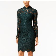 New Lace Dress With Tag Hidden Back Zipper With Hook-And-Eye Closure Hits Above Knee Illusion Lace Mock Turtleneck, Sweetheart At Bust; Sheath Silhouette Long Illusion Lace Sleeves Allover Floral Lace Scalloped Hem Polyester/Cotton/Spandex; Lining: Polyester Fitted Lace Dress For Dinner In Spring, Elegant Fitted Green Lace Dress, Elegant Knee-length Lace Dress For Fall, Elegant Green Lace Dress For Formal Occasions, Elegant Green Lace Midi Dress, Elegant Fall Cocktail Lace Dress, Elegant Mini Lace Dress For Fall, Green Lace Midi Dress For Formal Occasions, Elegant Green Midi Lace Dress