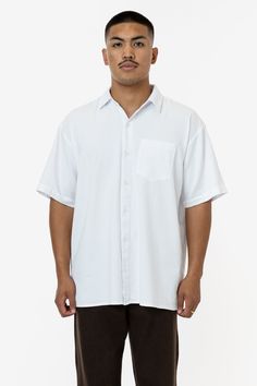 This relaxed button up is ideal for everyday, casual wear and is made of our lightweight 4 oz. cotton twill. This short sleeve style can be styled in endless ways and features a single front pocket and pearlescent buttons. We have garment dyed this 100% cotton style for a naturally worn in feeling, shrink-free finish and rich colors. Solid Short Sleeve Camp Shirt For Summer, White Shirt For Summer Casual Gatherings, Basic Solid Summer Shirt, White Unstructured Button-up Top, Solid Cotton Camp Shirt With Pockets, Unstructured White Button-up Top, Solid Color Short Sleeve Shirt With Button Closure, Solid Short Sleeve Shirt With Button Closure, Casual Relaxed Fit Short Sleeve Shirt With Camp Collar