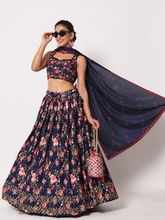 Lehenga Flared Lehenga, Sequence Blouse, Indo Western Gown, Navy Blue Art, Saree Petticoat, Printed Lehenga, Full Sleeve Blouse, Saree Jewellery, Lehenga Skirt